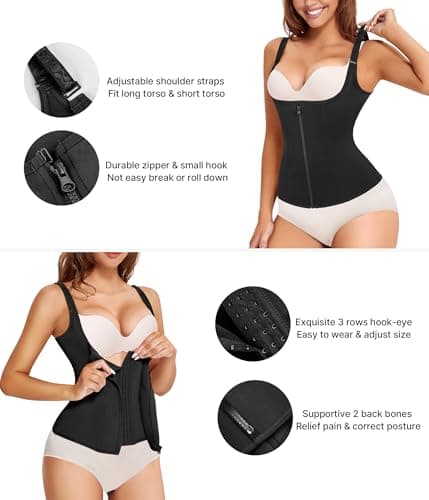 Nebility Women Waist Trainer Corset Zipper Vest Body Shaper Cincher Tank Top with Adjustable Straps (M, Black)