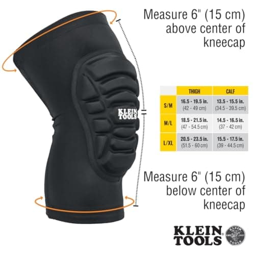 Klein Tools 60492 Knee Pads, Lightweight Padded Knee Sleeves, Breathable Mesh Back, Elastic Cuff with Slip-Resistant Silicone, Black, M/L