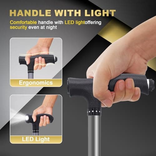 BigAlex Alloy Folding Cane with Seat, Lightweight Adjustable Walking Cane with Seat, Cane Seat with LED for Woman/Man, Comfortable Handle and 3 Non-Slip Legs, Walking Stick for Seniors,Black