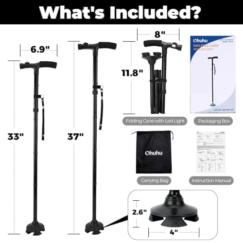 Walking Cane for Men Women: Ohuhu Walking Canes with LED Light Folding Walking Stick Adjustable Free Standing Canes with Wrist Strap Travel Bag for Seniors Adults