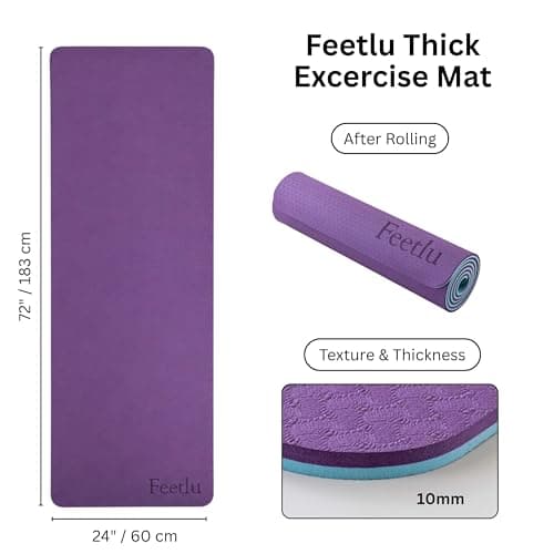 Feetlu Extra Thick Exercise Yoga Mat with Strap - 2/5 Inch (10MM), Non-Slip Workout Mat for Yoga, Pilates, and Floor Exercises(Dark Purple & Blue Gray)