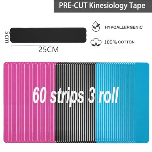 Kinesiology Tape Pro Athletic Sports (3 Rolls,60 Precut Strips) Waterproof Breathable Latex Free Tape for Ankle Wrists Knees Elastic Running Tennis Swimming Football Sports Activities Tapes (Mix)
