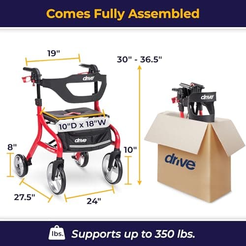 Drive Medical Nitro Sprint Foldable Rollator Walker with Seat - Lightweight Support - Large Wheels - Compact Folding Design - Adjustable Comfort - Standard Size - Red
