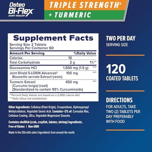 Osteo Bi-Flex Glucosamine Triple Strength Plus Turmeric Supplement with Curcumin for Joint Support and Range of Motion, 60 Day Supply, 120 Coated Tablets, Joint Health Nutritional Supplements