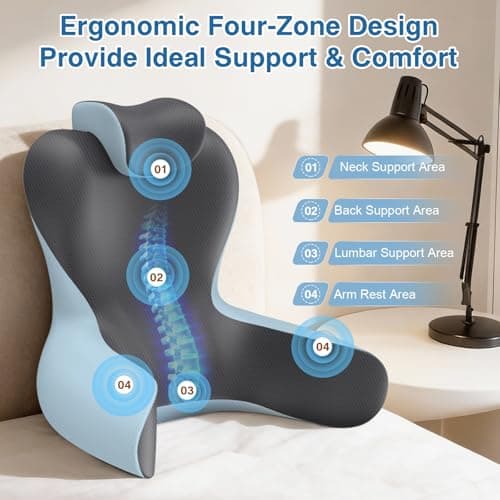 Reading Pillow for Sitting in Bed,22" H Back Support Pillow for Sitting up,Back Rest & Lumbar Support Pillows with Arms, Bed Rest Chair Cushion,Chaise Lounges Reclining,Gaming,Work,Resting(Grey&Blue)
