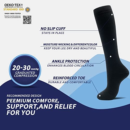 fenglaoda 8 Pairs Compression Socks for Men & Women 20-30 mmHg Knee High Nurse Pregnant Running Medical and Travel Athletic(L/XL,Black,)