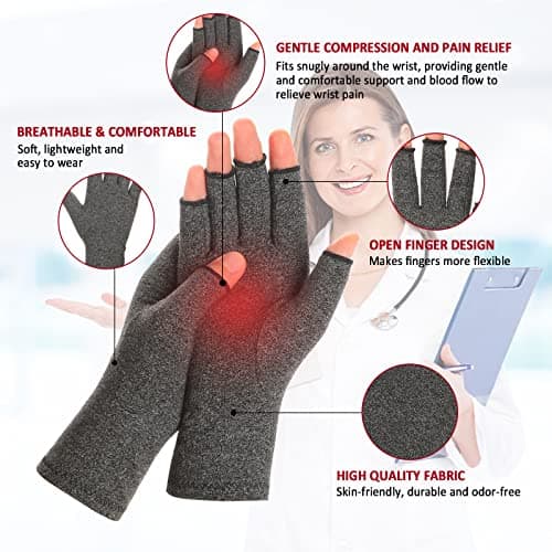 Zexhoor 2 Pairs Arthritis Compression Gloves for Women Men, Carpal Tunnel Pain Relief, Fingerless for Typing Both Hands