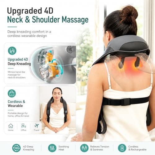Snailax Cordless Neck Massager with Heat for Pain Relief Deep Tissue, 4D Kneading, Mothers Day Gifts, Rechargeable Shiatsu Back Neck Massager for Neck, Shoulders Back