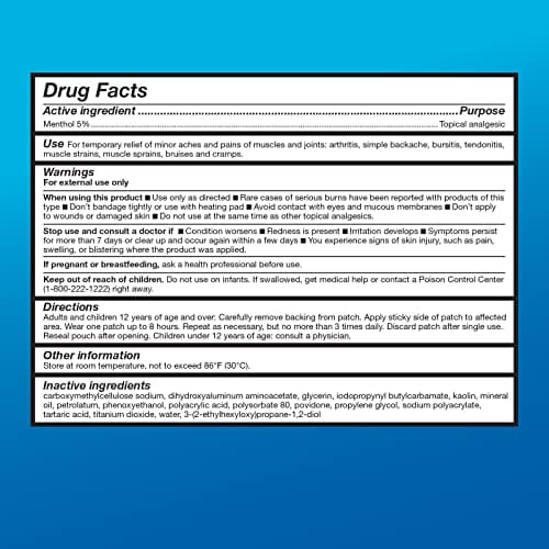 Amazon Basic Care Maximum Strength Pain Relieving Medicated Cold Hot 5% Menthol Patch for Muscle and Joint Pain Relief, 7.87" x 3.93", 15-Count Box (Previously HealthWise)