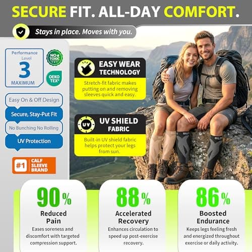 BLITZU Calf Compression Sleeves for Men and Women. Footless Compression Socks Support for Varicose Vein, Nursing, Running. Leg Sleeve Brace for Shin Splints, Pain Relief & Reduces Swelling Black L-XL