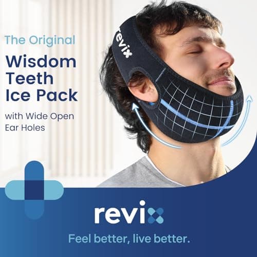 REVIX Wisdom Teeth Ice Pack Head Wrap with 3D Sewing Jaw Ice Pack for Face Oral Surgery Pain Relief for TMJ, Tooth Extraction & Teeth Removed, Extra Snug Fit with 4 Hot Cold Gel Packs Reusable, Black