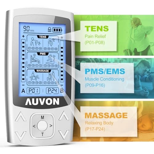 AUVON Dual Channel TENS EMS Unit 24 Modes Muscle Stimulator for Pain Relief, Rechargeable TENS Machine Massager with 12 Pads, ABS Pads Holder, USB Cable and Dust-Proof Storage Bag