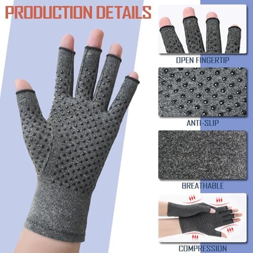 Beieverluck 6 Pairs Arthritis Compression Gloves for Women Men Fingerless Hand Compression Gloves for Typing, Driving and Work