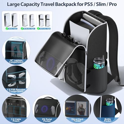 LVVIL Backpack for PS5/ Slim/ Pro Console, Full Protection PS5 Carrying Case Travel Bag, Large Capacity PS 5 Storage Bag for Dual Controllers, PS Portal, Laptop, Game Cards, Sony PSP Accessory Kits