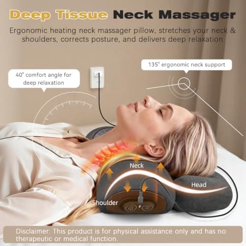 3-in-1 Neck Massager Pillow for Pain Relief, Neck Massager with Heat and Cervical Traction, Deep Tissue Massage Pillow for Shoulder & Back Comfort, Ergonomic Design for Men and Women (Deep Gray)