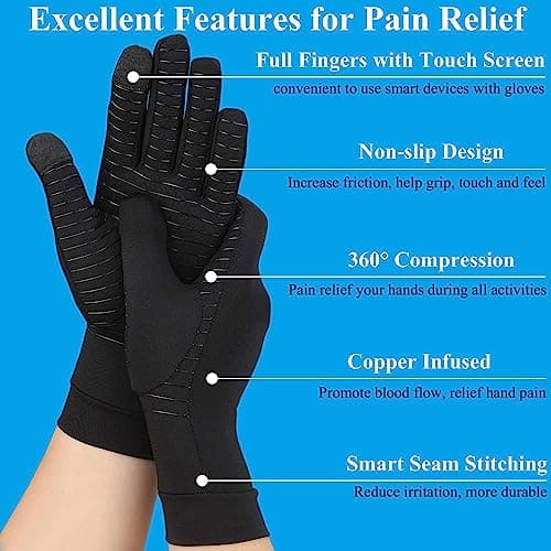 Tianhengyi 2 Pairs Copper Arthritis Gloves for Hand Pain, Full Finger Compression Gloves for Men Women, Relieve Swelling, Carpal Tunnel, Support Wrist, Joint for Crocheting (Touch Screen, Medium)