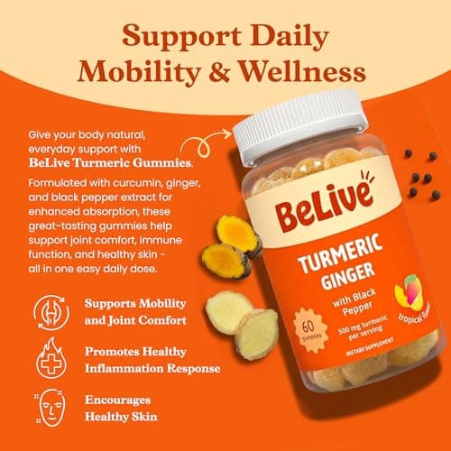 BeLive Turmeric and Ginger Gummies - 500mg - Joint and Mobility Support Supplement - Curcumin with Black Pepper for Enhanced Absorption - Gluten Free and Vegan - Tropical Flavor - 60 Count