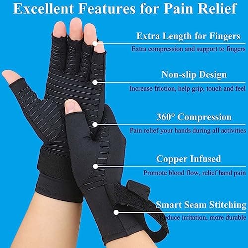 2 Pairs Copper Arthritis Gloves for Women Men, Fingerless Compression Gloves Relieve Hand Pain, Typing Gloves for Arthritis, Carpal Tunnel, Tendonitis, RSI with Adjustable Wrist Strap (Small/Medium)