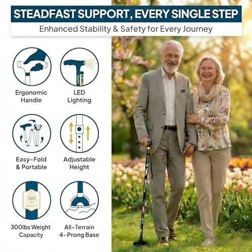 Hedkin Walking Cane with LED Light, Foldable,Adjustable, Self Standing Walking Canes for Men & Women,Walking Sticks with Quad Base for Seniors & Adults
