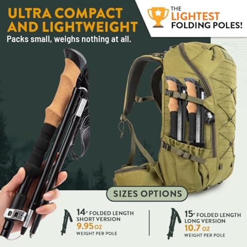 Premium Foldable Hiking Poles by USA Brand - Adjustable, Lightweight Trekking Poles Made of Aircraft Aluminum, Metal Locks Cork EVA Grips (Cork - Black, 100-120 cm for Height: 5'9" and Smaller)