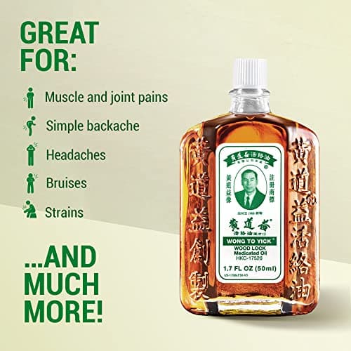 Wong to Yick - Wood Lock Medicated Oil - Herbal Pain Relief for Muscular Aches, Sprains, Shoulder and Back Pain - for Sports Recovery, Soreness - 1.7 Fl Oz - 50 ML (1 Pack) 100% Authentic