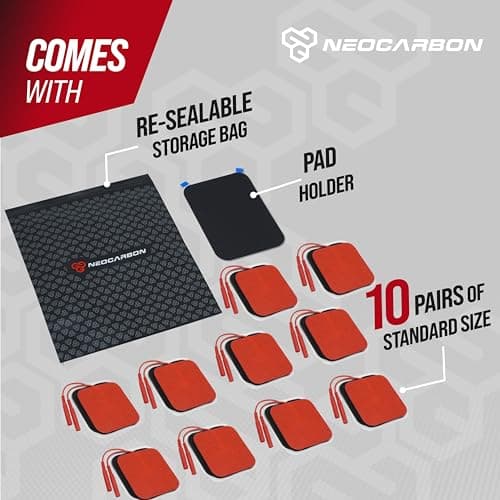 NEOCARBON Reusable Electrode Pads for TENS Pro EMS Unit, Premium Replacement Square Pads with Plastic Holder, Set of 10 Pairs, Red
