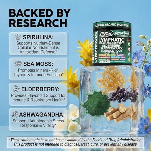 Organic Lymphatic Drainage Supplements | Elderberry Bladderwrack Burdock Root Black Seed Oil Spirulina Sea Moss Ashwagandha Chlorella Amla Beet Moringa Chlorophyll Lymph System Capsules By Clean Nutra