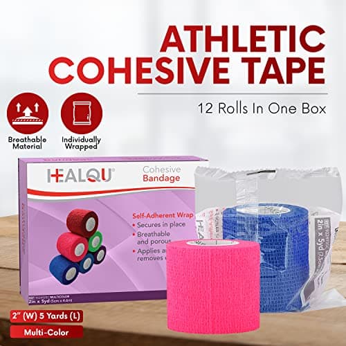 HEALQU Self Adhesive Bandage Wrap – 12 Rolls 2in x 5yd Cohesive Tape for Athletic and Sports - Self Adherent Medical Tape, Flexible, Elastic Bandages Multicolor for Wrist & Ankle Vet Wrap for Dogs