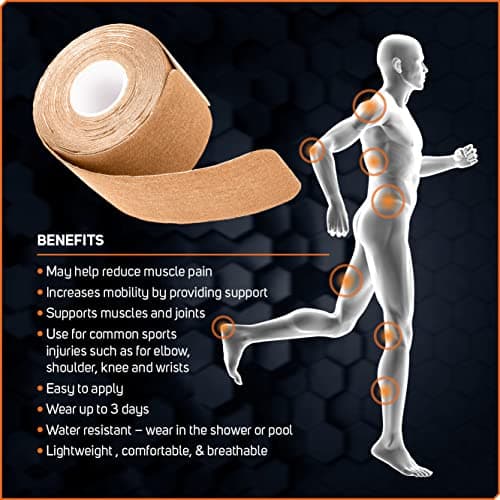 Care Science Waterproof Kinesiology Tape, Precut Water Resistant Strips, Elastic Athletic Tape for Sports & Weightlifting, Supports Muscles & Joints, Muscle Strain Relief, Tan, 2 Rolls, 40 Count