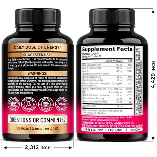Vitamin B Complex for Men & Women - Riboflavin B2, B12, B1, B3, B5, B6, B7, B8, B9 | Vitamin C, Choline, Inositol - B-Complex Supplement - Energy, Brain & Heart Support - Made in USA, 60 Vegan Caps