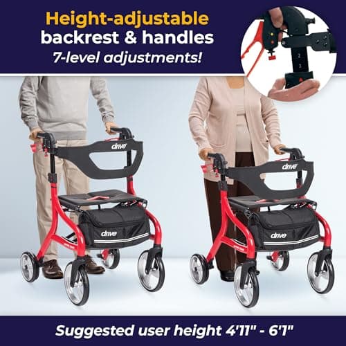Drive Medical Nitro Sprint Foldable Rollator Walker with Seat - Lightweight Support - Large Wheels - Compact Folding Design - Adjustable Comfort - Standard Size - Red