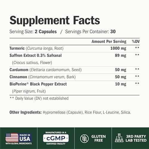 Saffron Supplements – 89mg Saffron Extract, 1000mg Turmeric Curcumin, Ceylon Cinnamon & Cardamom – Daily Mood, Joint & Metabolic Support – Joint Supplements for Women & Men – 60 Capsules