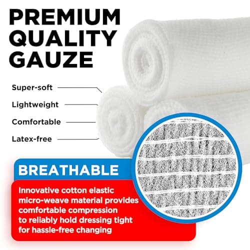 24 Gauze Rolls - 4" x 4.1yd - Soft and Breathable Rolled Gauze - Latex-Free Premium Individually Wrapped Bandages with Bonus Tape - First Aid Conforming Stretch Wrap for Wound Care - Vet Wrap