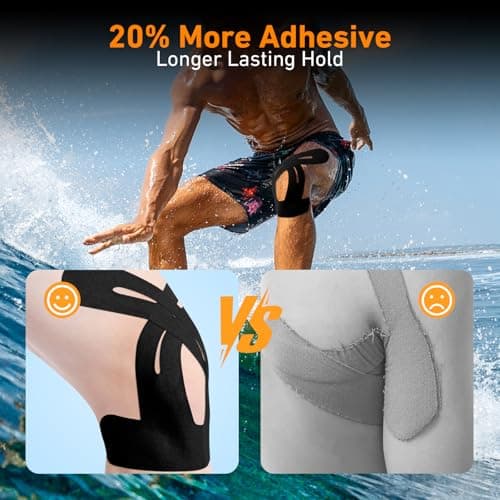 PreCut Kinesiology Tape for Knees, KTQUICK 12 PCS 20% Extra Adhesive Knee Tape for Knee Pain Relief Pre Cut, Anatomical for Maximum Hold, Waterproof&Hypoallergenic Cotton Latex-Free for Sports (Black)