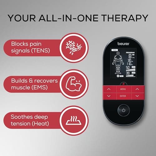 Beurer EM59 Digital 3-in-1 TENS Unit, EMS & Heat Therapy for Pain Relief & Relaxation, Muscle Stimulator with 2 Adjustable Channels, 64 Applications, Timer Function