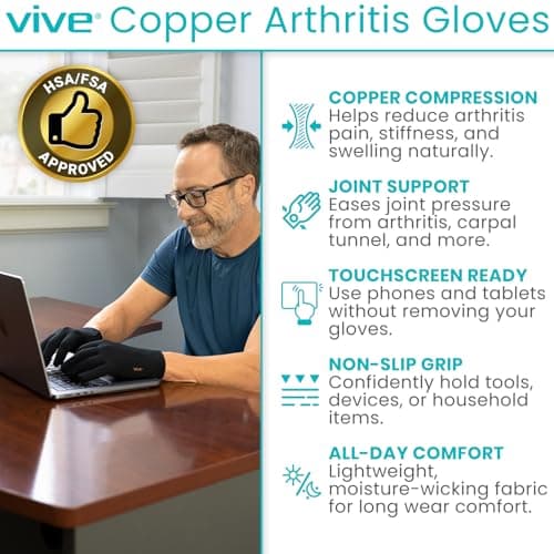 Vive Copper Arthritis Gloves - Full Hand Compression Touchscreen Finger - For Carpal Tunnel, Rheumatoid, Joint Pain, Inflammation - Flexible Wrist and Thumb Pressure Relief for Typing - For Men, Women
