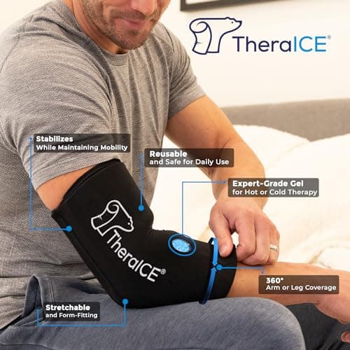 TheraICE Elbow Ice Pack Wrap Compression Sleeve for Injuries Reusable Gel Arm Cold Packs | Tennis Elbow Golfers & Cubital Tunnel, Tendinitis Pain Relief | Plus Shin Splints, Calf Strain | Women & Men