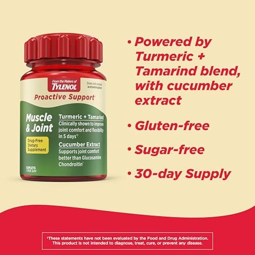 Tylenol Proactive Support from, Muscle and Joint Supplements for Women and Men, Drug Free, Tamarind, Turmeric, Cucumber Extract to Improve Joint Comfort and Flexibility, 30‑Count, 1‑Month Supply