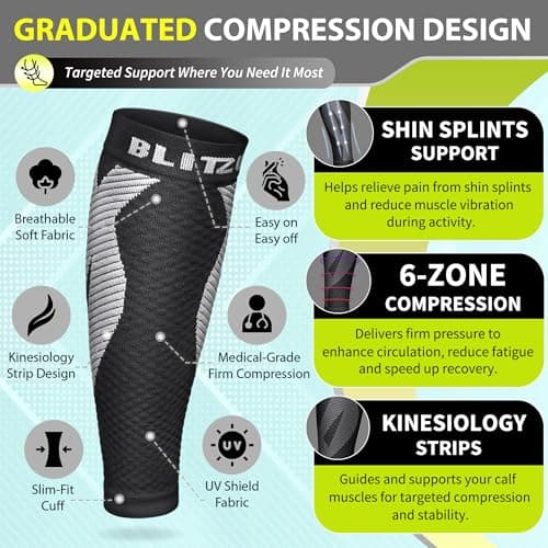BLITZU Calf Compression Sleeves for Men and Women. Footless Compression Socks Support for Varicose Vein, Nursing, Running. Leg Sleeve Brace for Shin Splints, Pain Relief & Reduces Swelling Black L-XL