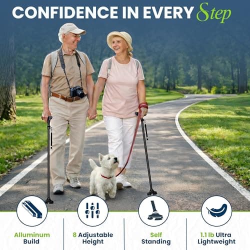 Andvari Walking Canes for Men, All Terrain, Collapsible & Height Adjustable Walking Cane, Canes for Women & Seniors, Walking Stick Stable Quad Base Reduces Slips & Falls, Soft Grip Handle