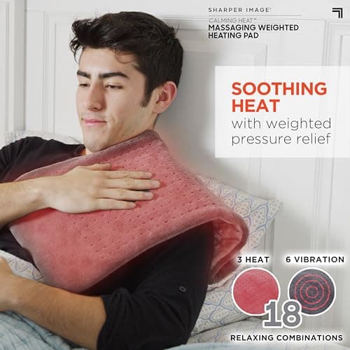 Calming Heat Massaging Vibrations Weighted Heating Pad by Sharper Image | Temperature Settings, Auto Shut-Off Feature, Gift for Holidays, Women & Men | 3 Heat, 6 Massage, 12” x 24”, 4 lbs