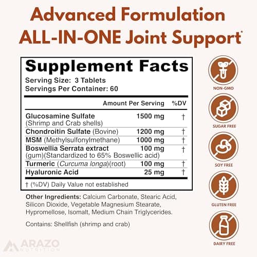 Arazo Nutrition Glucosamine Chondroitin Turmeric Msm Boswellia - Joint Support Supplement for Relief for Bones, Back, Knees, Hands (180 Tablets)