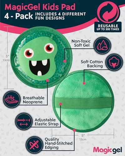 Magic Gel Kids Ice Packs for Boo Boos - Pack of 4 - Reusable Soft Ice Packs for Kids - Small Squishy Gel Pack for Baby or Toddler - Fun Cute Monster Design