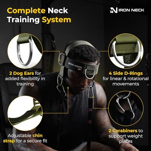 Iron Neck Neck Trainer, Exerciser, & Strengthener with Adjustable Head and Chin Strap - Portable Head Harness for Weight Lifting, Home, & Gym Use - Exercise & Workout Equipment (Alpha, Green)