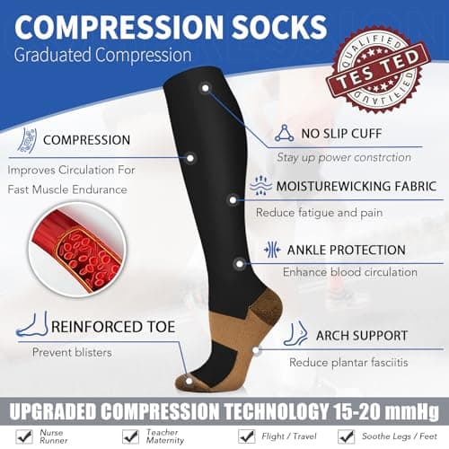 Sooverki Copper Compression Socks for Men & Women 8 Pack 15-20mmHg - Knee High Stockings Best Support for Running Athletic Work Travel Black Wide Calf Nylon plain gifts medias