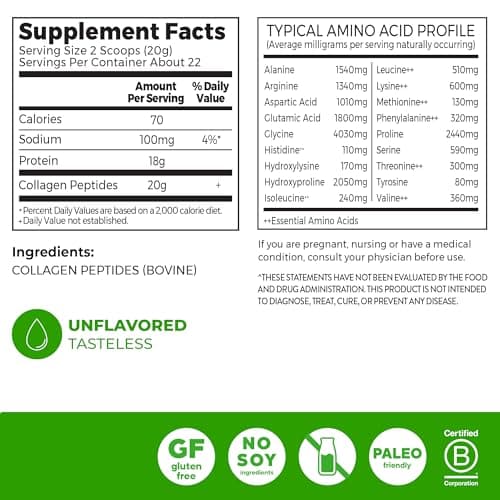 Orgain Hydrolyzed Collagen Peptides Powder For Women & Men, 20g Grass Fed Collagen, Unflavored - Hair, Skin, Nail, & Joint Support Supplement, Paleo & Keto, Non-GMO, Type I and III, 1lb