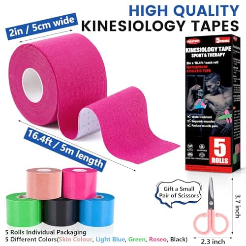 5 Rolls Kinesiology Tape, 5 Colors 2 inch x 16.4 Feet Waterproof Athletic Tape, Uncut Kinetic Tape, Elastic Muscle Tape, Sports Tape, Knee Tape for Exercise and Daily Use