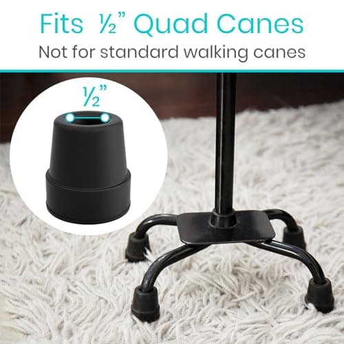 Vive Quad Cane Tips - Heavy Duty 1/2 inch Replacement Rubber Foot - Black Attachment Base Grip - Accessories for Walking and Standing Stick - Durable End for Women, Men, Seniors, Elderly