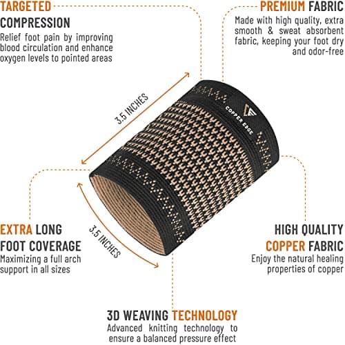 Copper Edge Copper Arch Support for Plantar Fasciitis. 2 Half Socks/Sleeve Compression Brace for Women and Men. Orthotics Feet Pain Aid Fit for Flat/High/Fallen Arches, Foot Care (Copper)