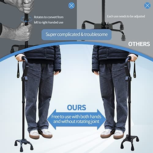 Adjustable Walking Cane for Men & Women with 4-Pronged Base for Extra Stability - Foldable Cane for Seniors with Foam Padded Offset Handle for Soft Grip & a Second Handle for Standing Black